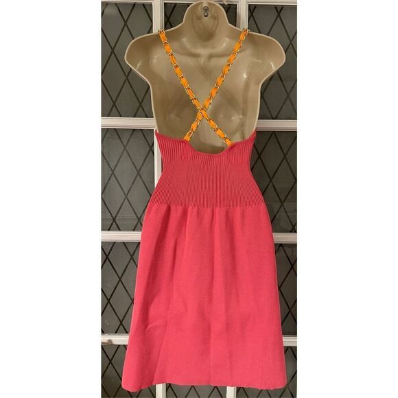 Zara Chain Strap Sleeveless Rib Knit Fit And Flare Dress Hot Pink Size Large - Picture 4 of 9